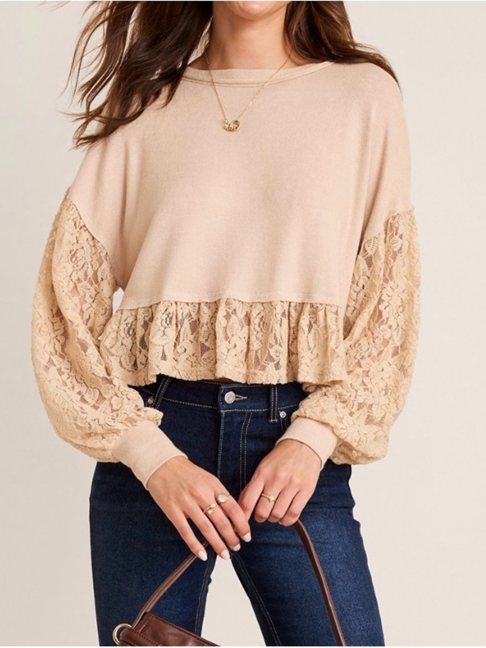 Francesca's Tanya Lace Dolman Top Size Medium NWT Tan
